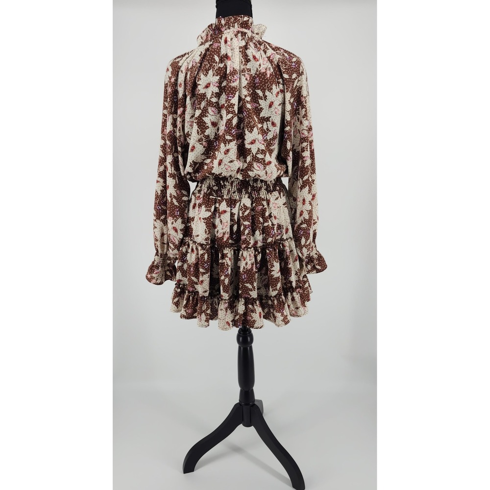 Entro Brown Floral Paisley Smocked Waist Tiered Ruffle Mini Dress Small Boho - Picture 2 of 7